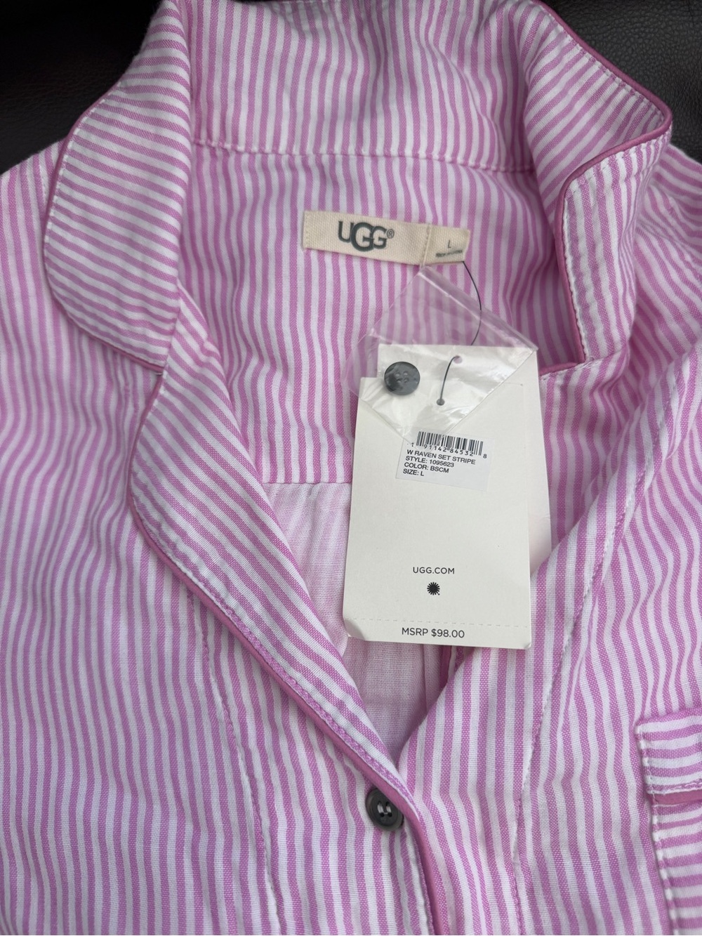 UGG Pink White Striped Pajama Set Button Down Short Sleeve Sleepwear NWT Size L - Picture 2 of 12